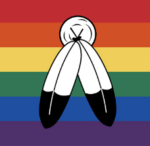 two eagle feathers against a rainbow background